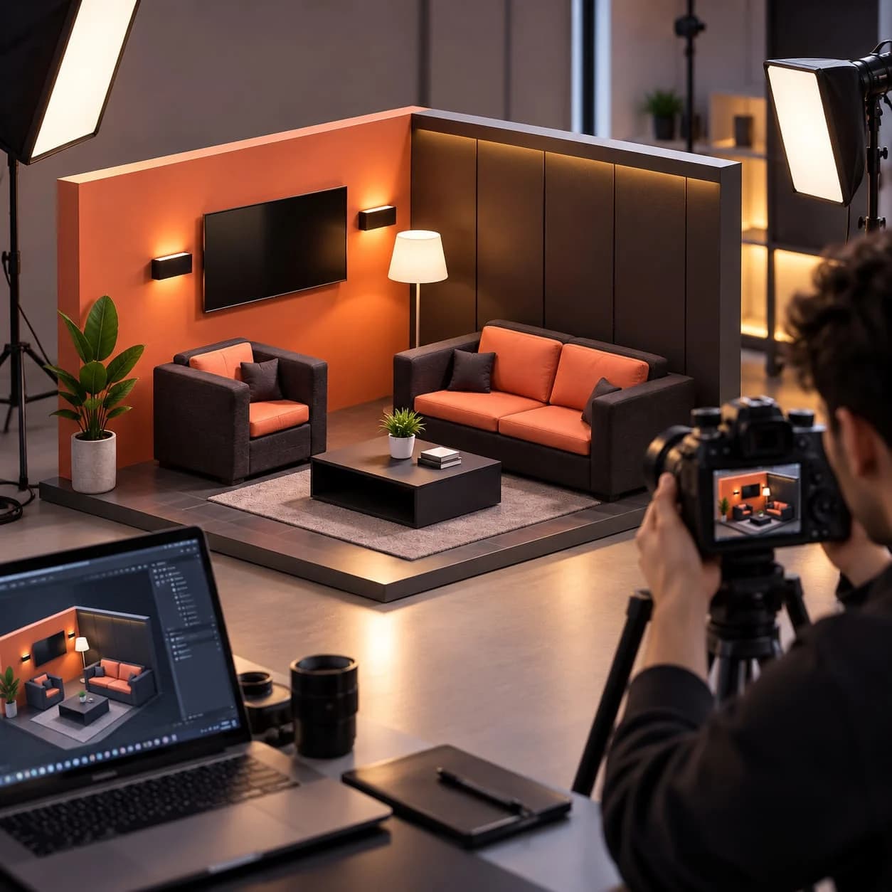 Staged product rendering with lighting and furniture