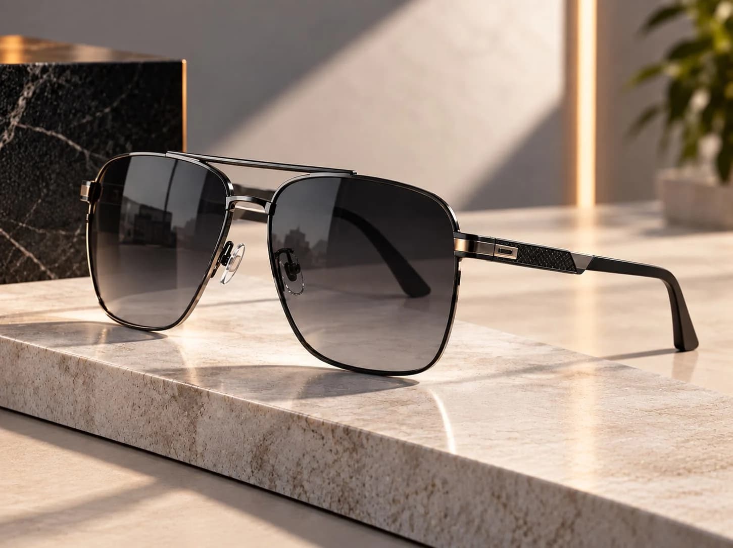 Sunglasses on a sunlit display surface