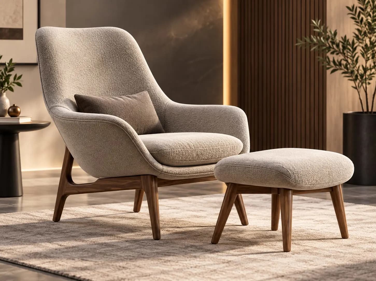 Upholstered lounge chair and footstool with exposed wooden frames