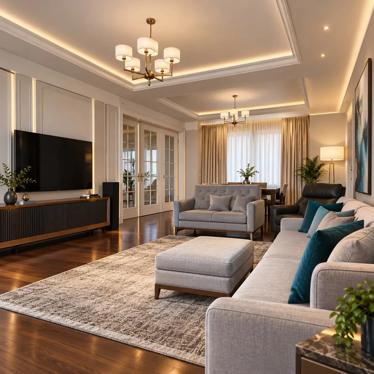 Furnished living room with sofa, shelving and coffee table