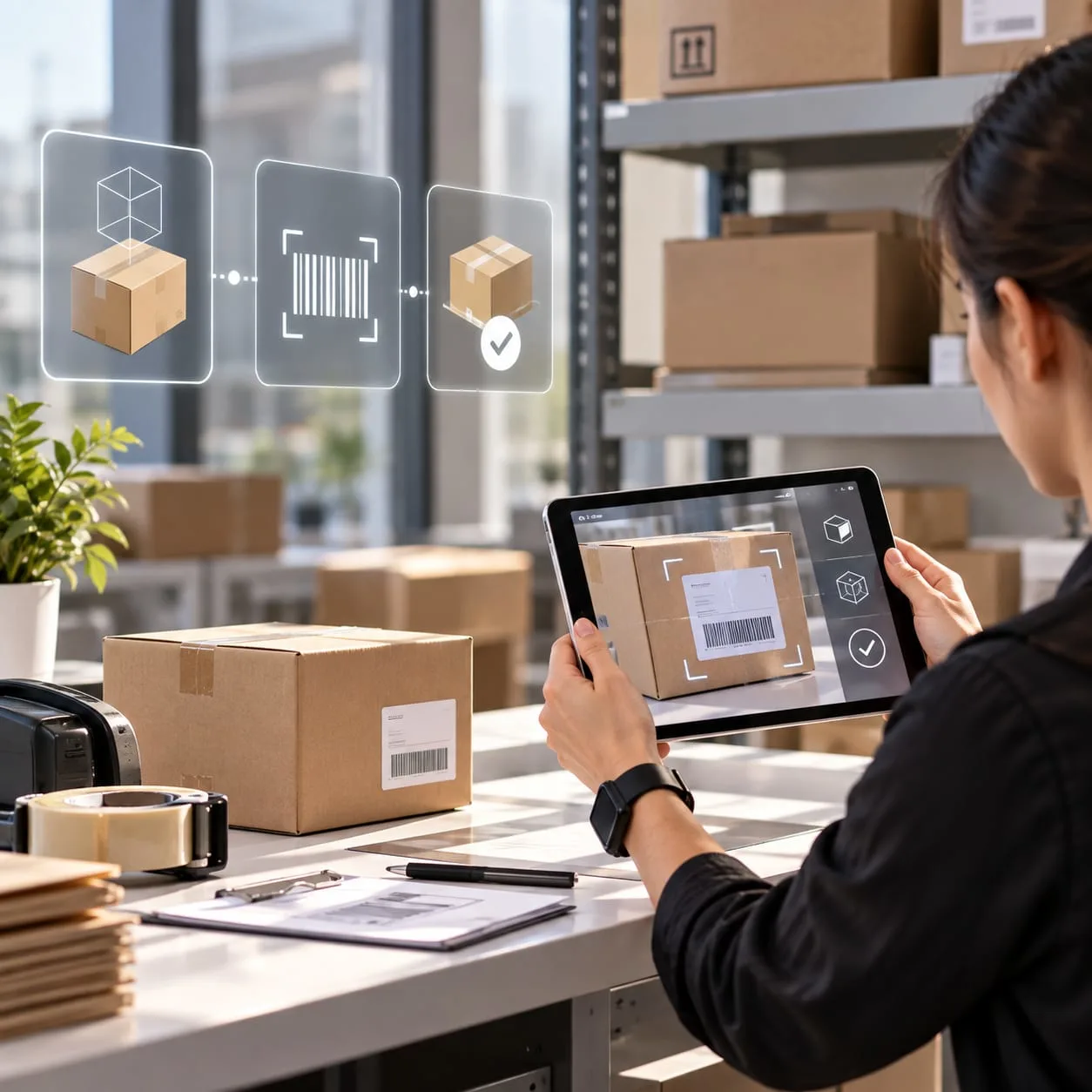 Illustrative packaged-product display with a connected tablet view