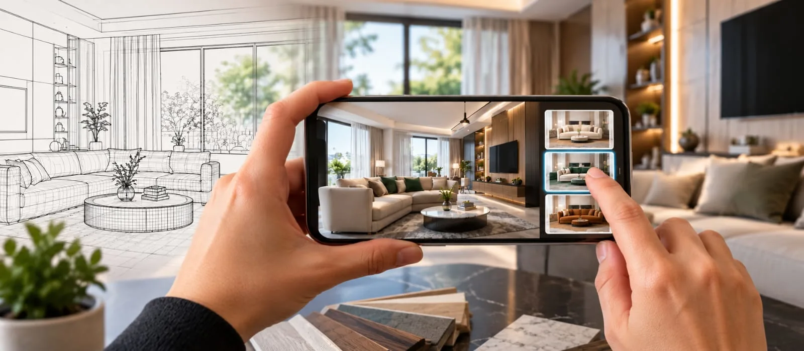 Illustrative tablet view of furniture in a living room