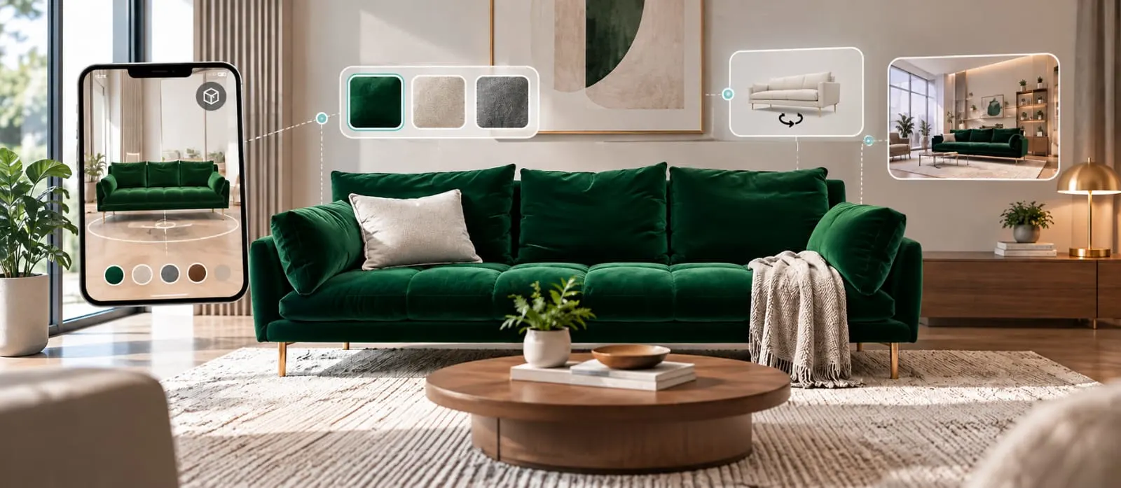 Illustrative furniture selection in a room with a digital product panel